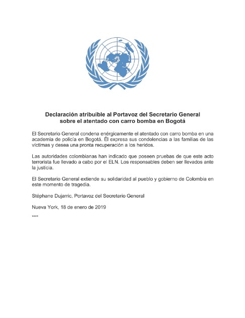 ONU rechaza atentado con carro bomba en Bogotá